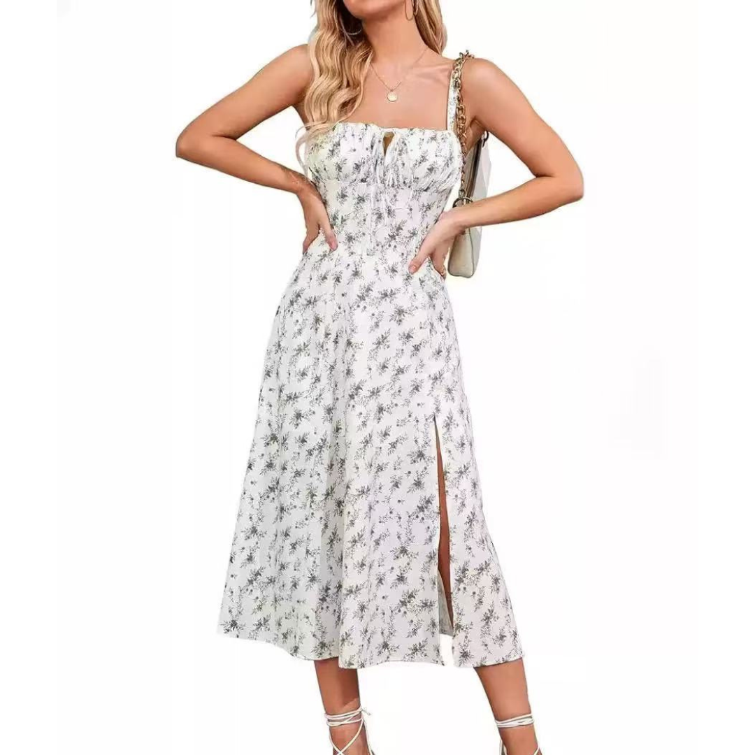 ARIELLOU™ – Elegant Lace-Up Square Neck Midi Dress
