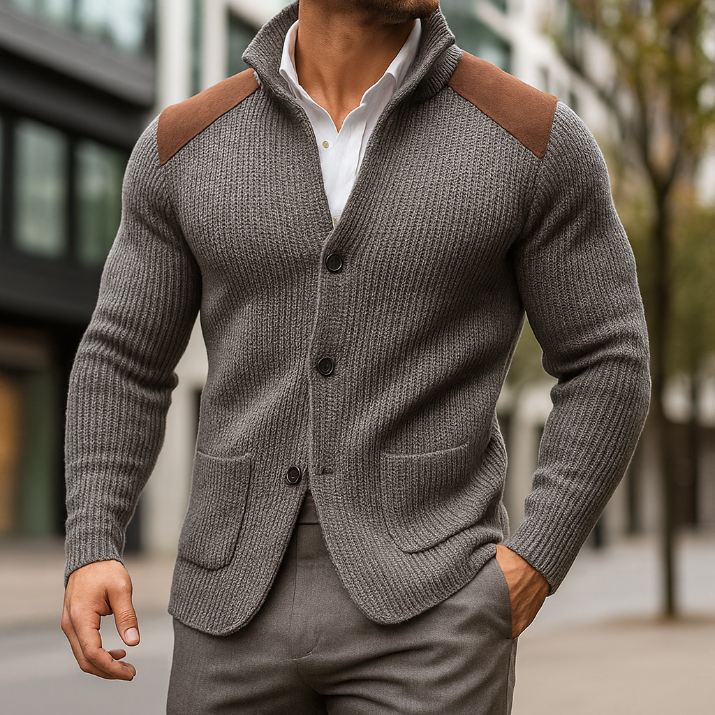 Zaymar | V-Neck Knit Cardigan for Men with Shoulder Patches
