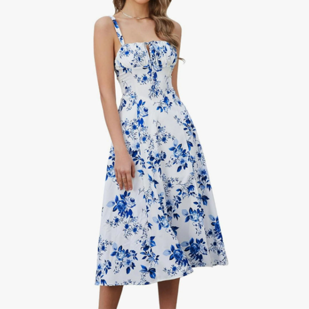 ARIELLOU™ – Elegant Lace-Up Square Neck Midi Dress