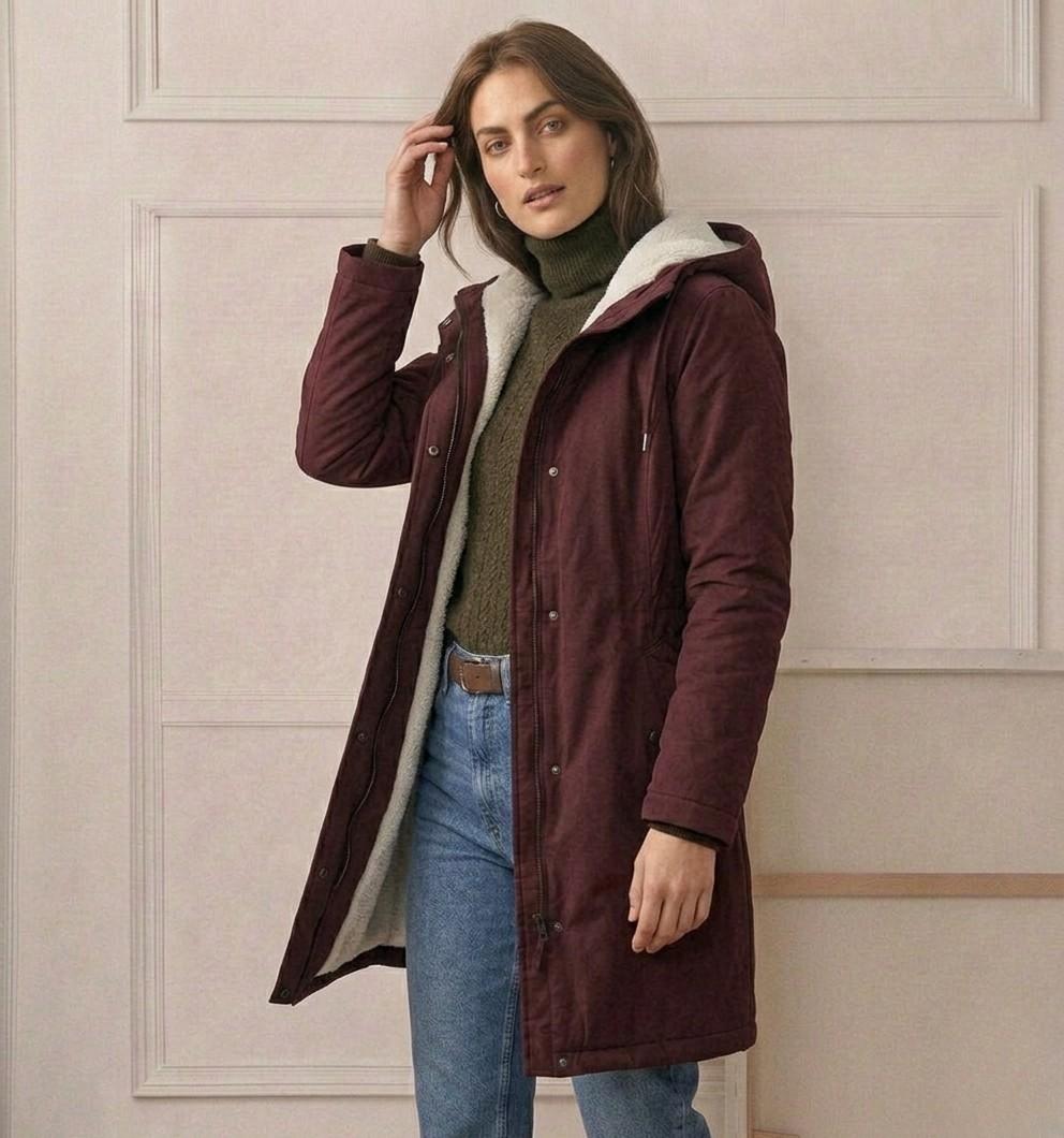 Marjorie | Warm Hooded Longline Coat – Water-Resistant, Sherpa Lined