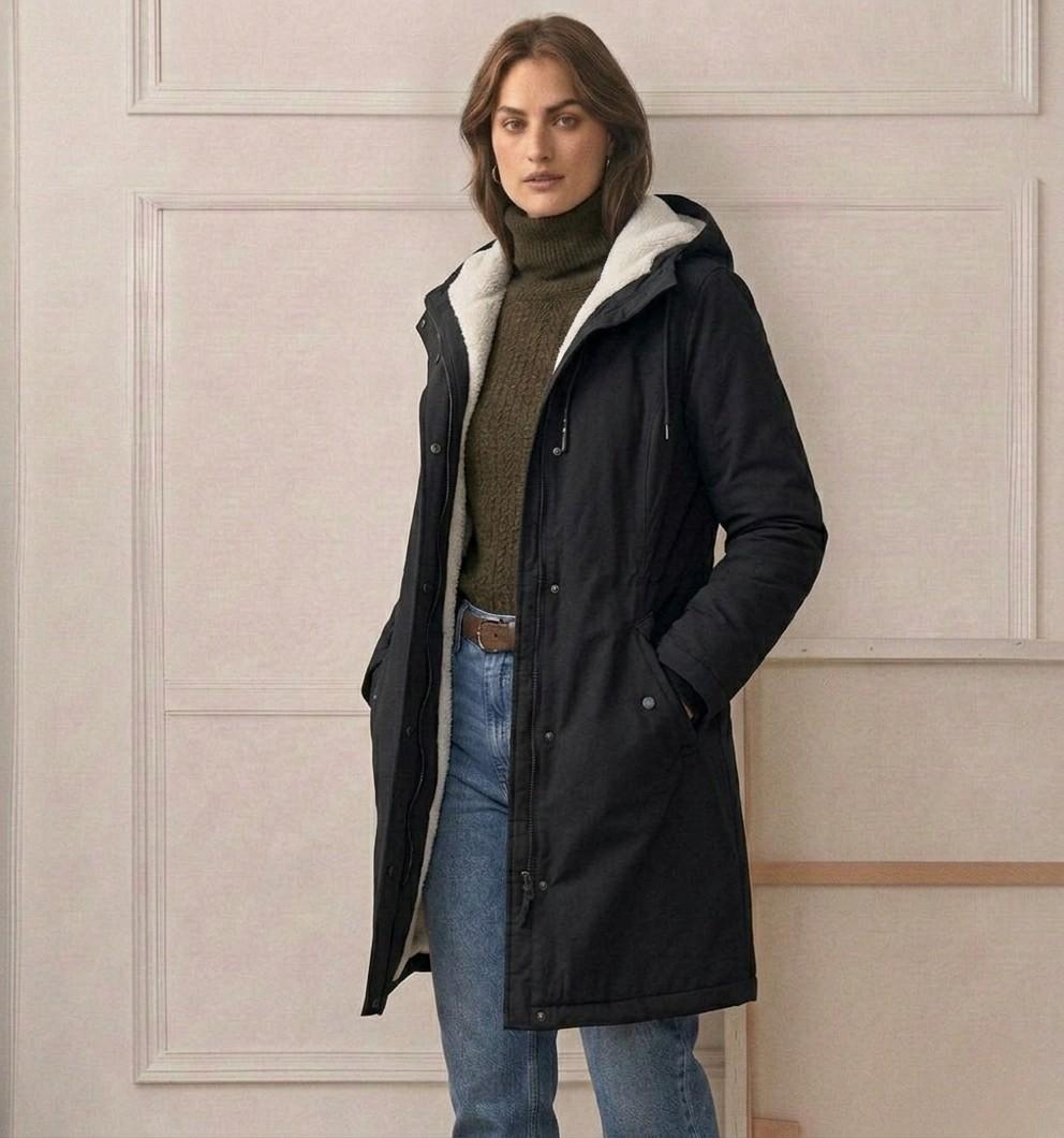Marjorie | Warm Hooded Longline Coat – Water-Resistant, Sherpa Lined