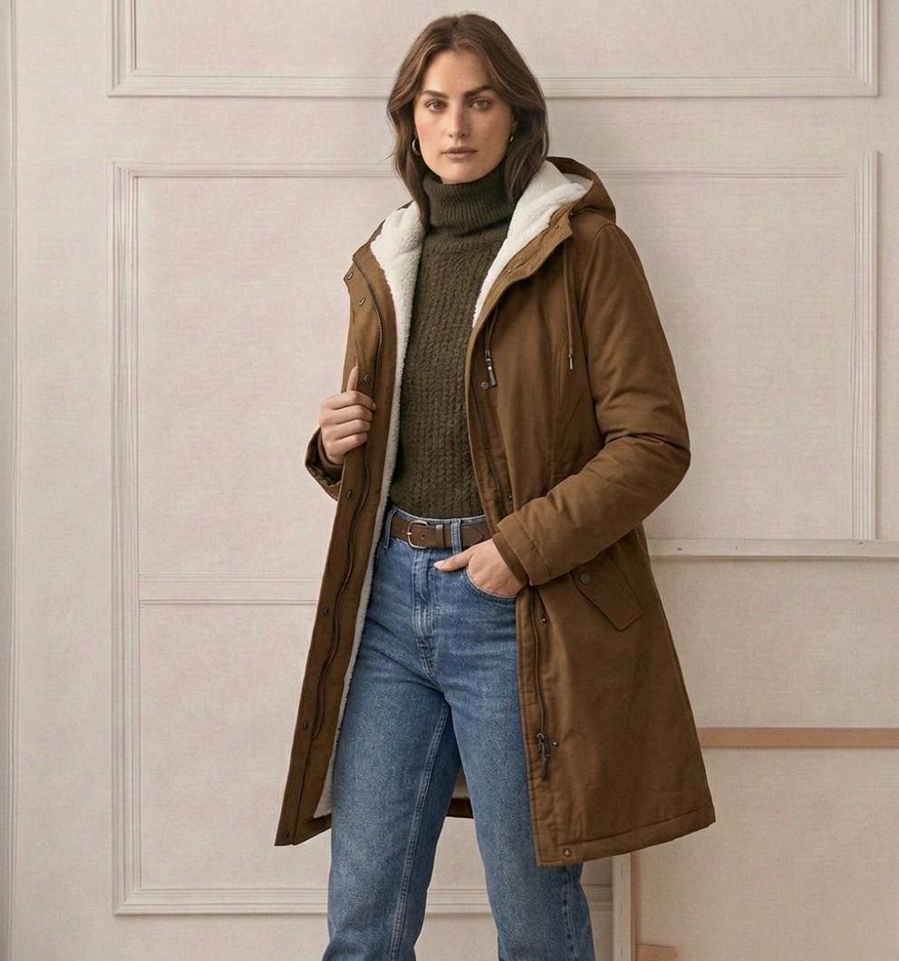 Marjorie | Warm Hooded Longline Coat – Water-Resistant, Sherpa Lined