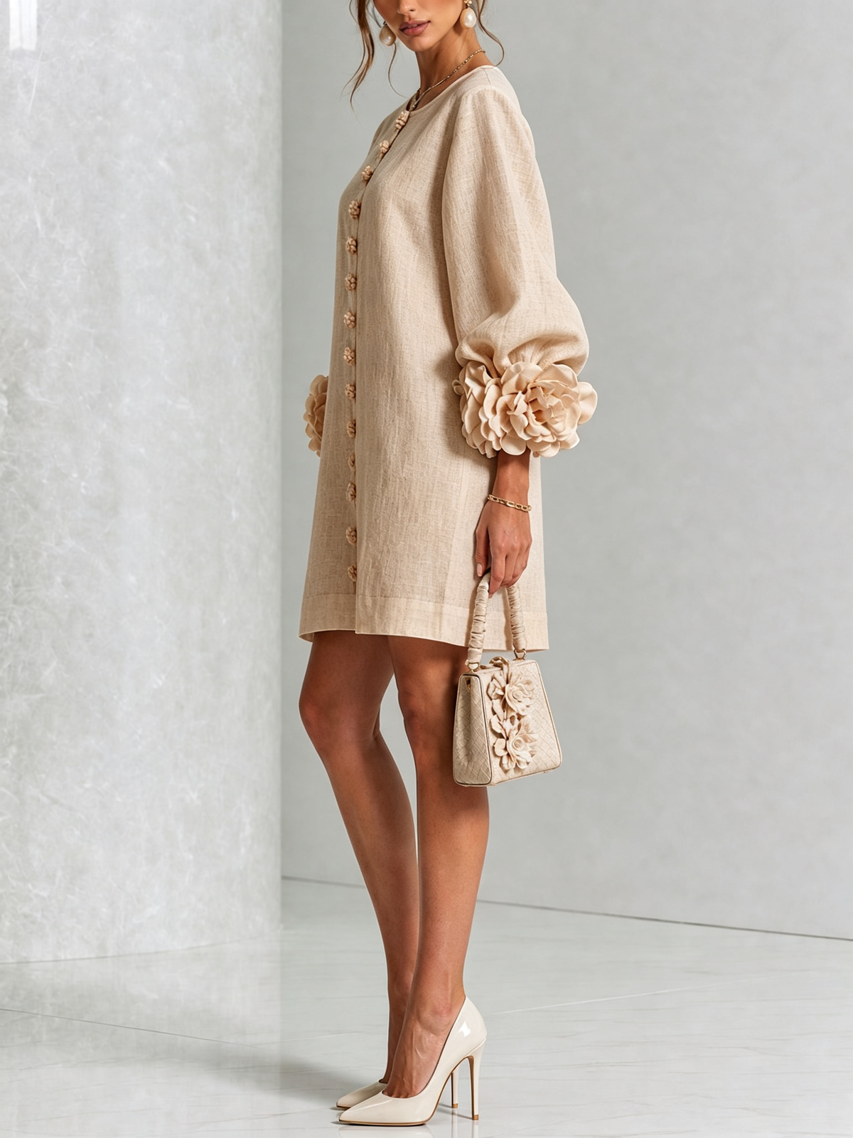 Rosalie | Relaxed Button-Down Mini Dress – Rose-Knot Cuffs, 10 Colours