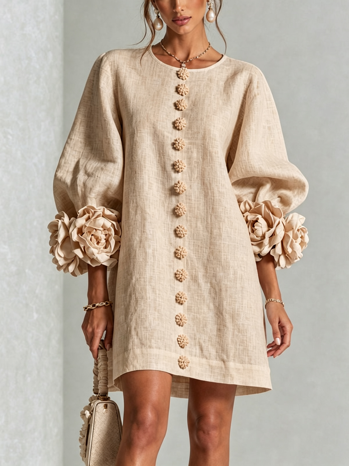Aurora | Easy-Fit Button-Front Mini Dress – Floral Cuff Sleeves, 11 Colours