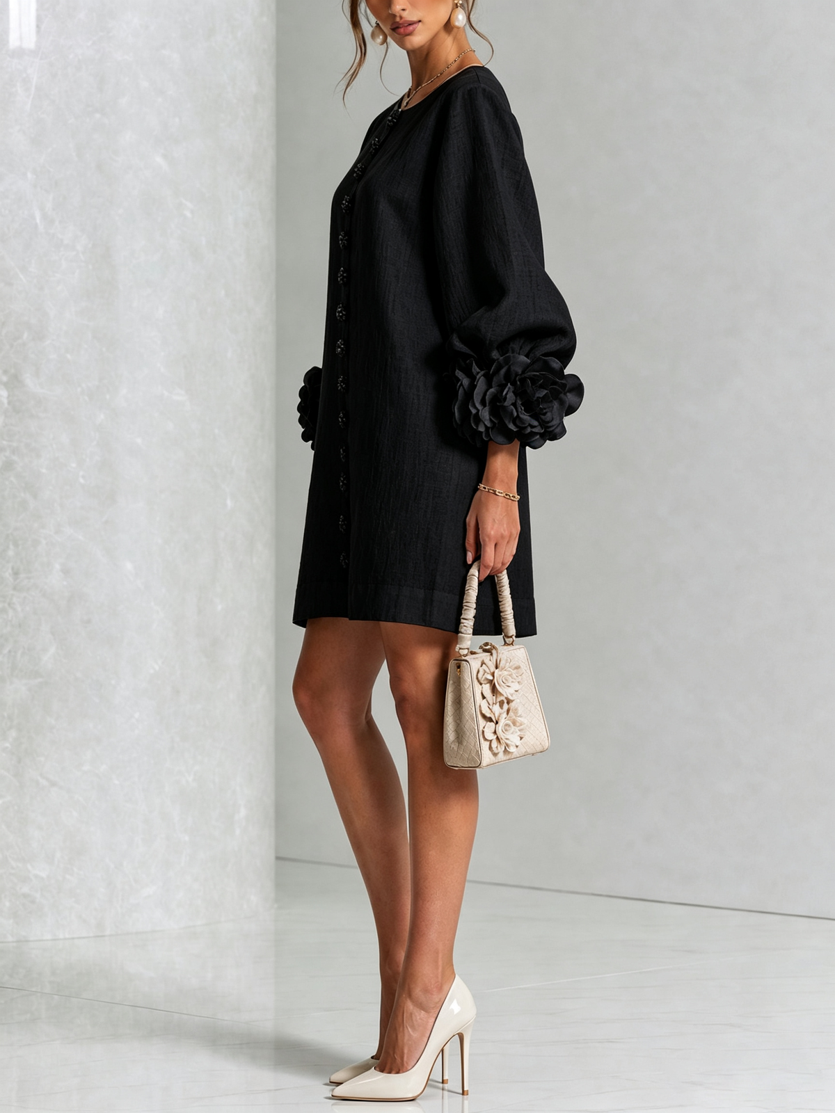 Rosalie | Relaxed Button-Down Mini Dress – Rose-Knot Cuffs, 10 Colours
