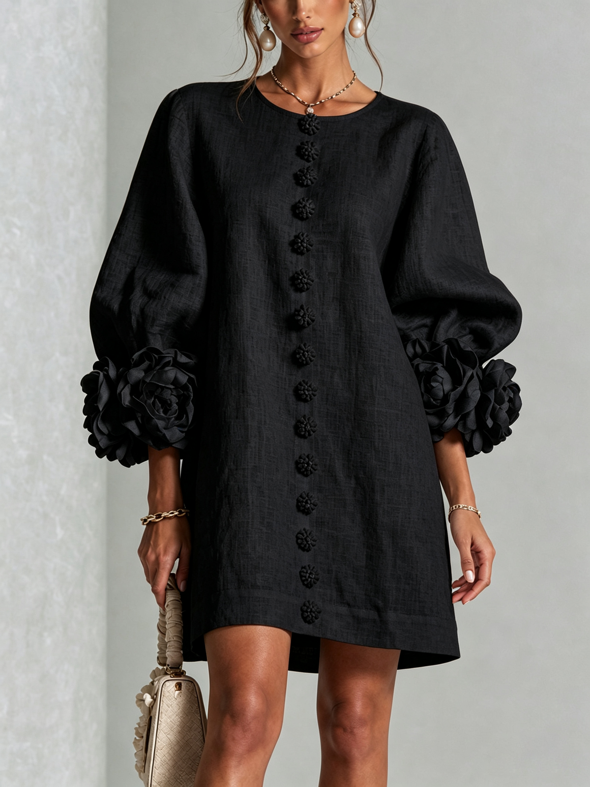 Rosalie | Relaxed Button-Down Mini Dress – Rose-Knot Cuffs, 10 Colours