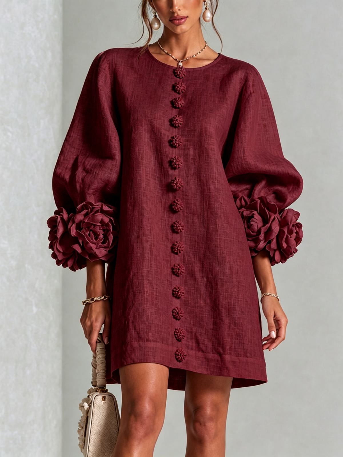 Aurora | Easy-Fit Button-Front Mini Dress – Floral Cuff Sleeves, 11 Colours
