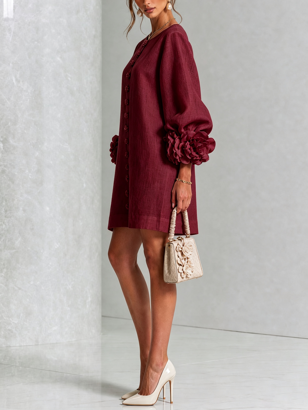 Rosalie | Relaxed Button-Down Mini Dress – Rose-Knot Cuffs, 10 Colours