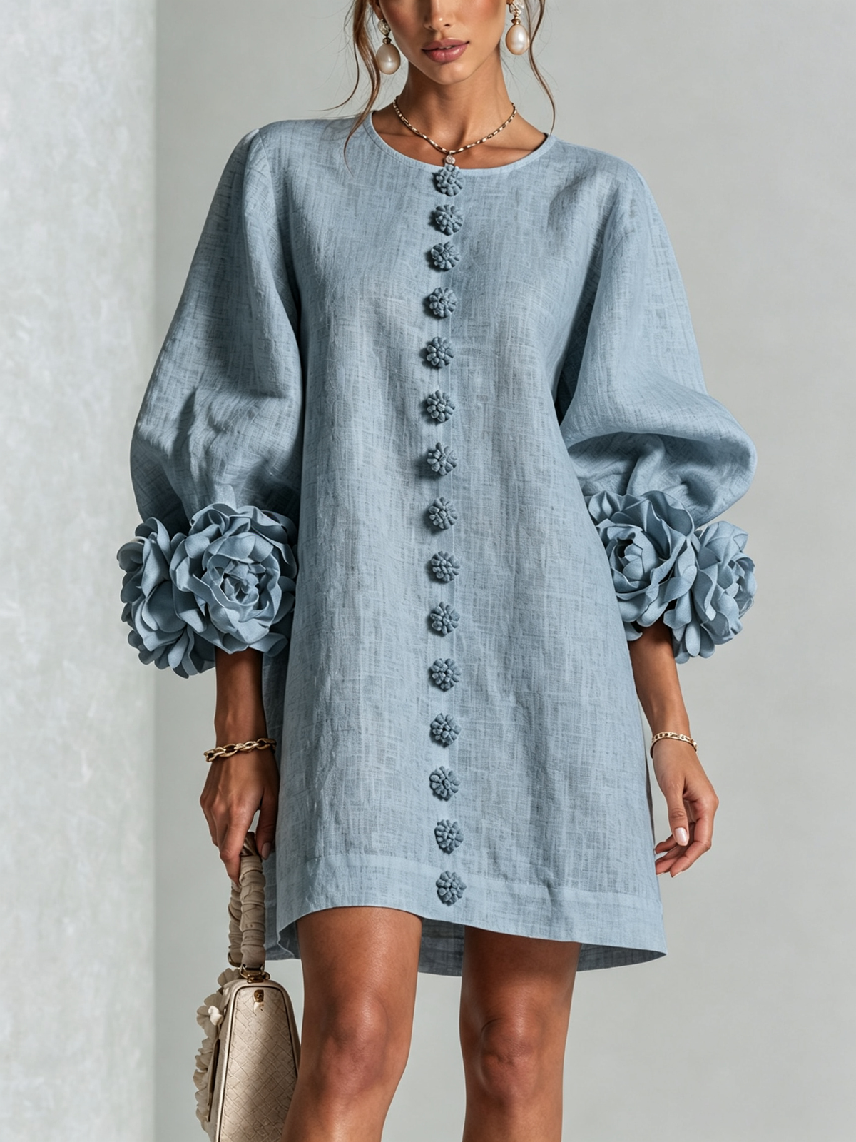 Aurora | Easy-Fit Button-Front Mini Dress – Floral Cuff Sleeves, 11 Colours