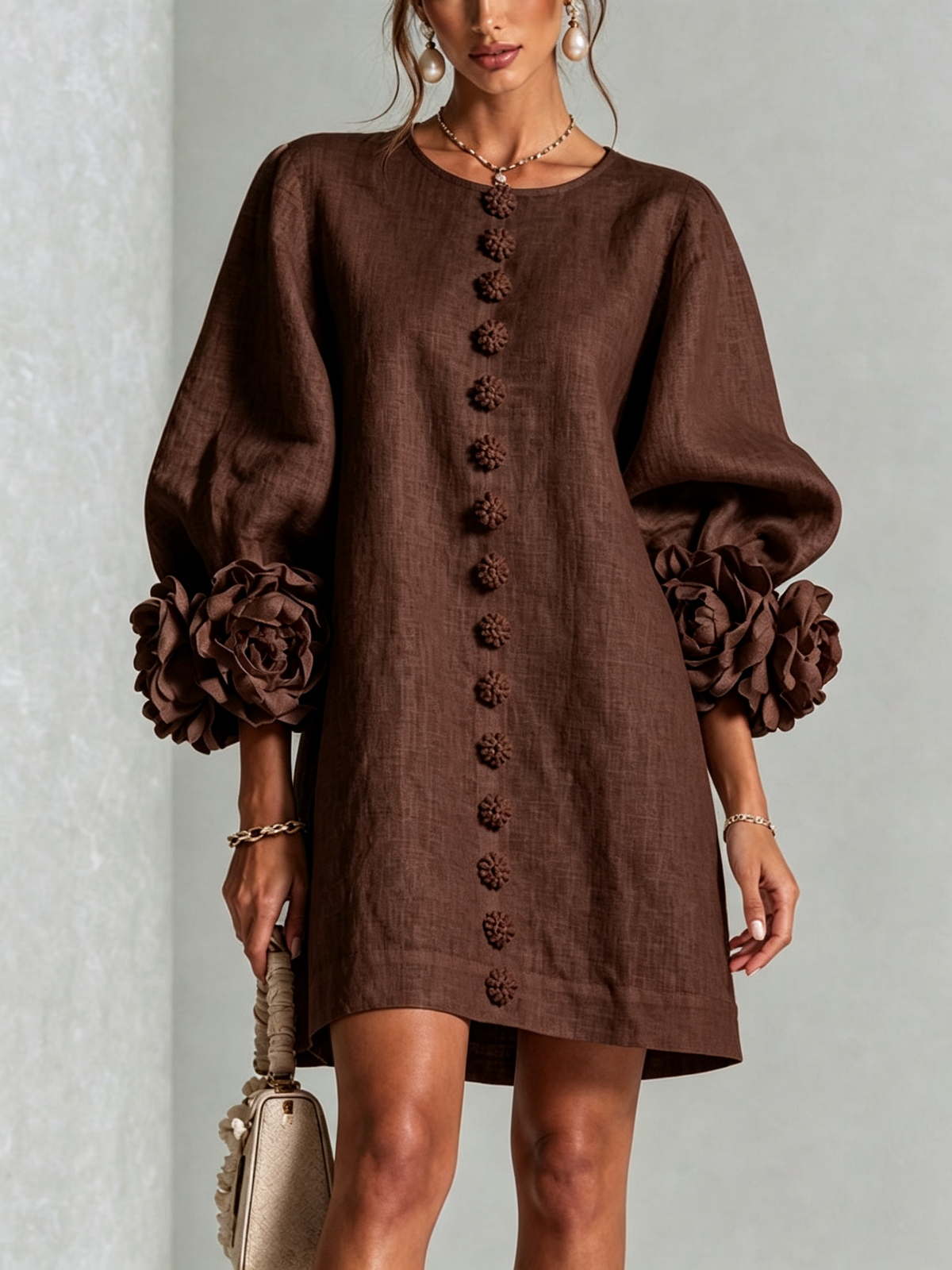 Aurora | Easy-Fit Button-Front Mini Dress – Floral Cuff Sleeves, 11 Colours