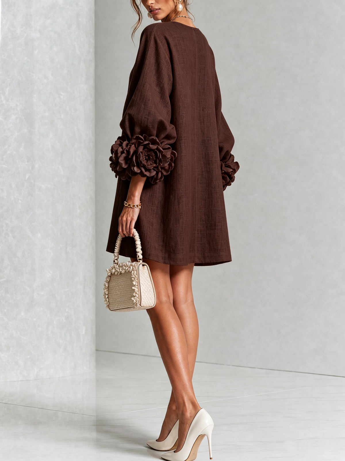 Rosalie | Relaxed Button-Down Mini Dress – Rose-Knot Cuffs, 10 Colours