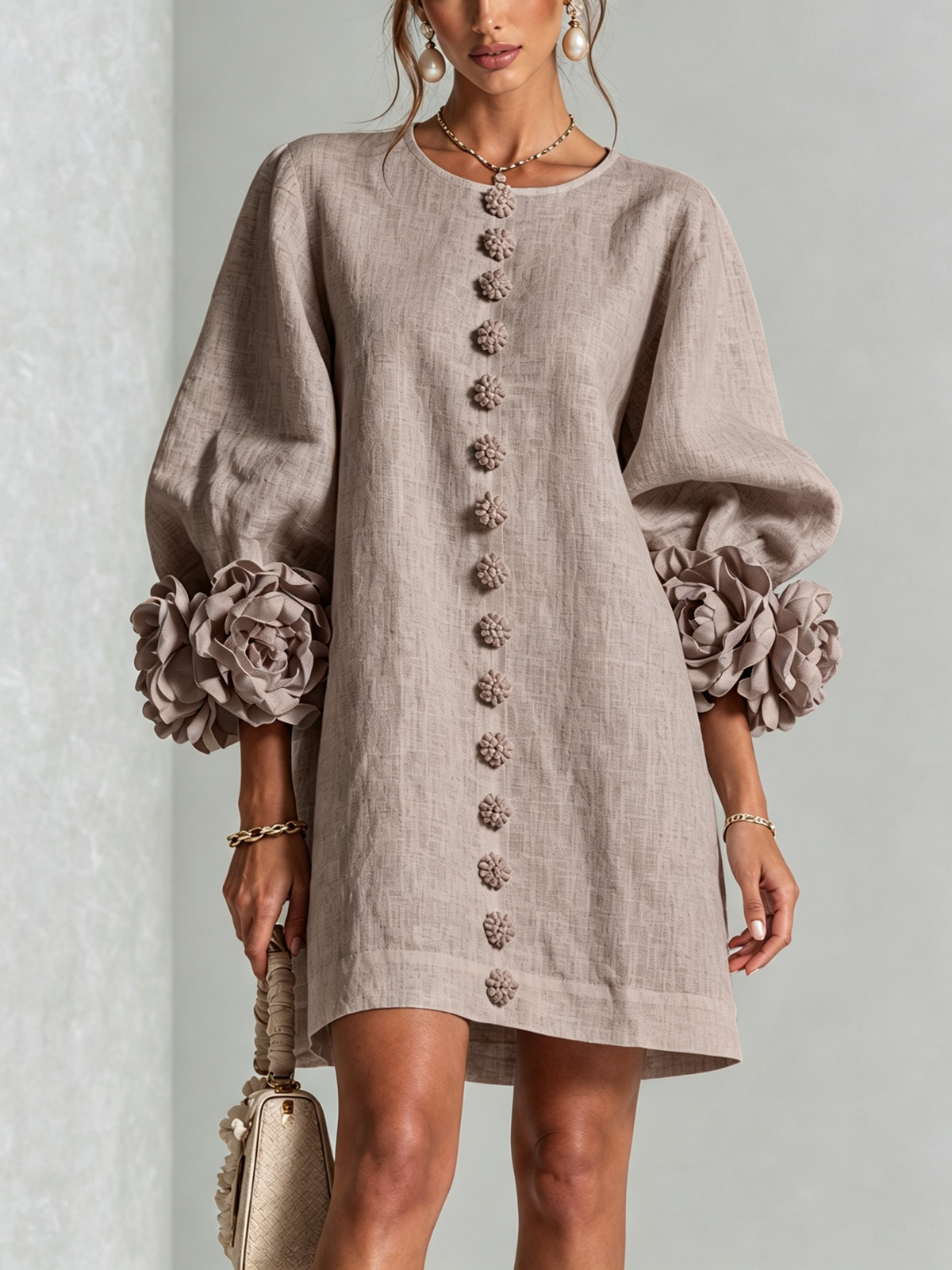 Rosalie | Relaxed Button-Down Mini Dress – Rose-Knot Cuffs, 10 Colours