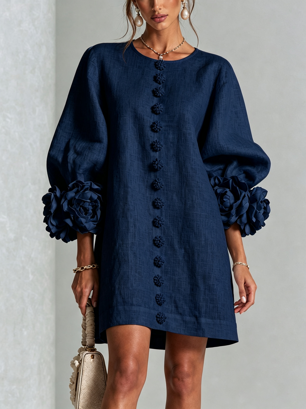 Aurora | Easy-Fit Button-Front Mini Dress – Floral Cuff Sleeves, 11 Colours