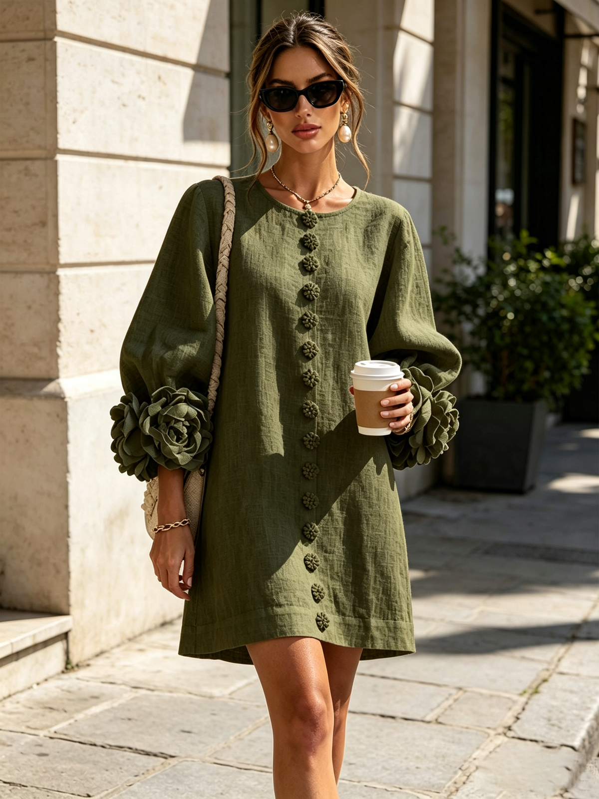 Rosalie | Relaxed Button-Down Mini Dress – Rose-Knot Cuffs, 10 Colours