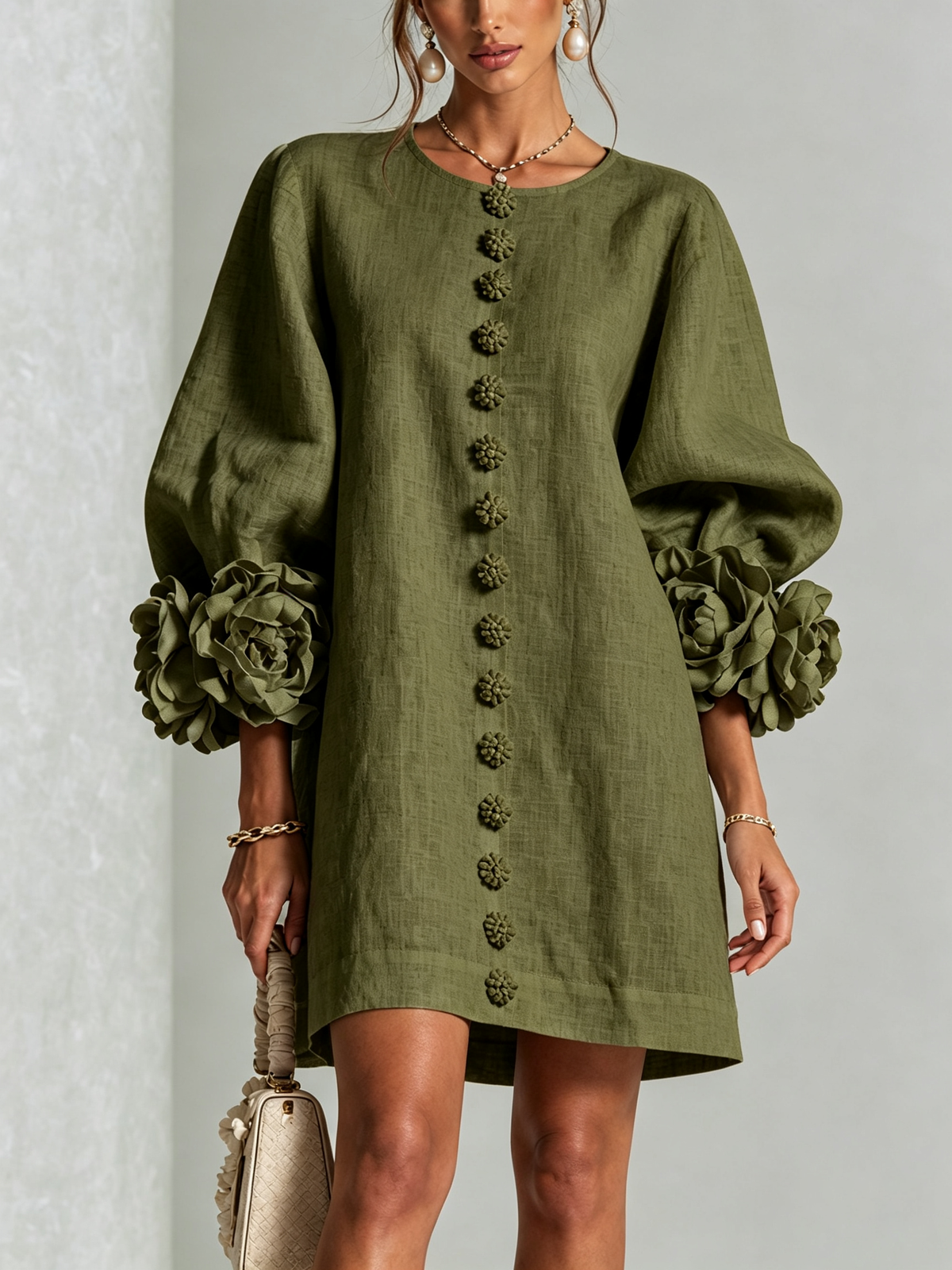 Aurora | Easy-Fit Button-Front Mini Dress – Floral Cuff Sleeves, 11 Colours