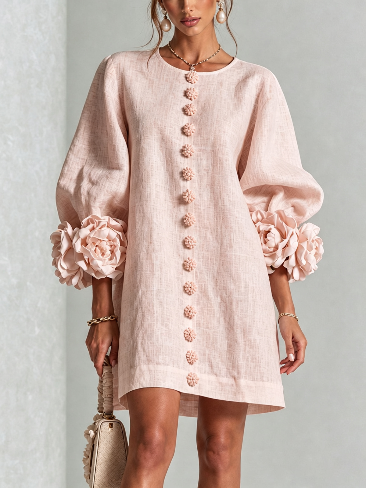 Aurora | Easy-Fit Button-Front Mini Dress – Floral Cuff Sleeves, 11 Colours