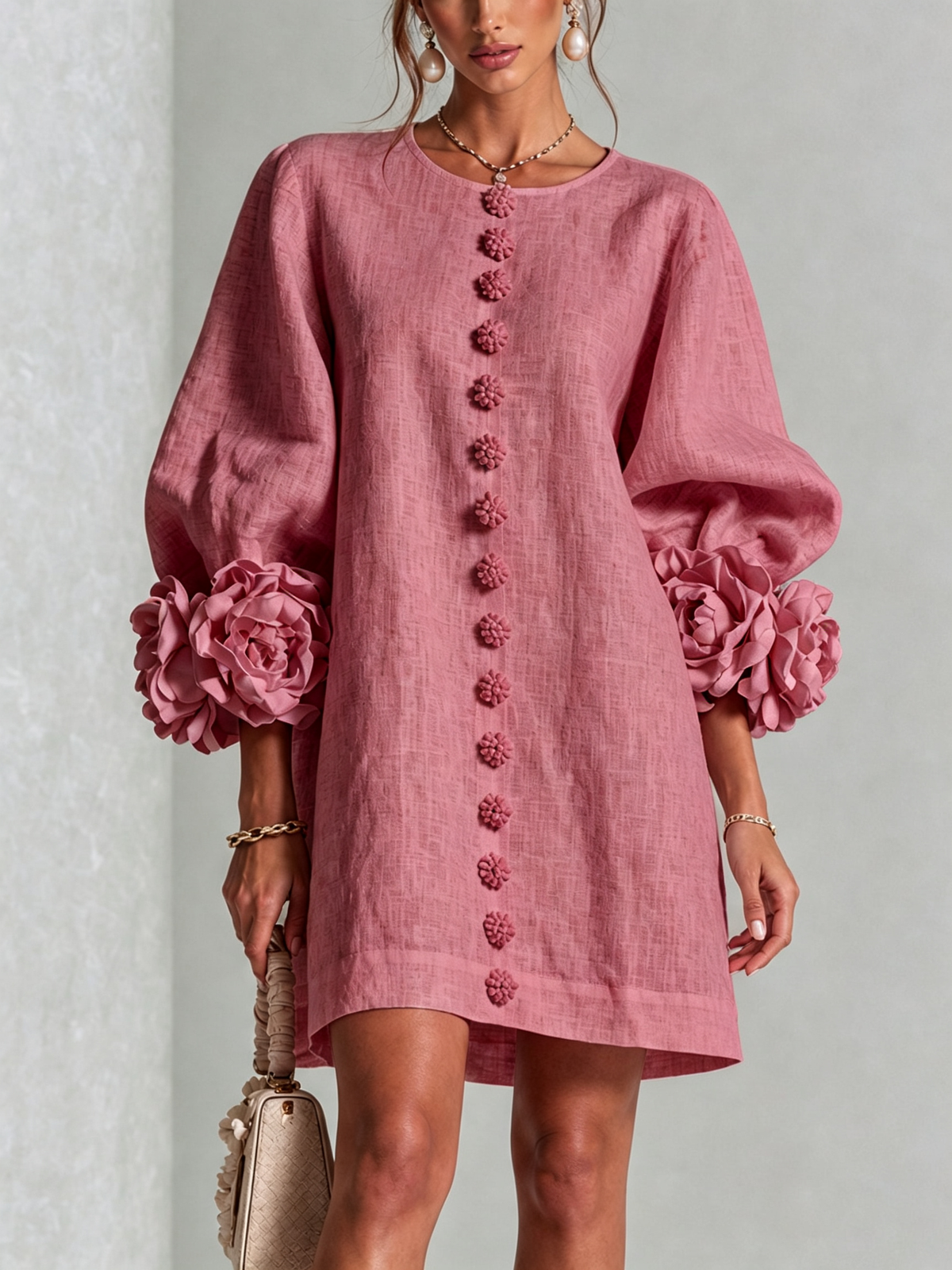 Aurora | Easy-Fit Button-Front Mini Dress – Floral Cuff Sleeves, 11 Colours