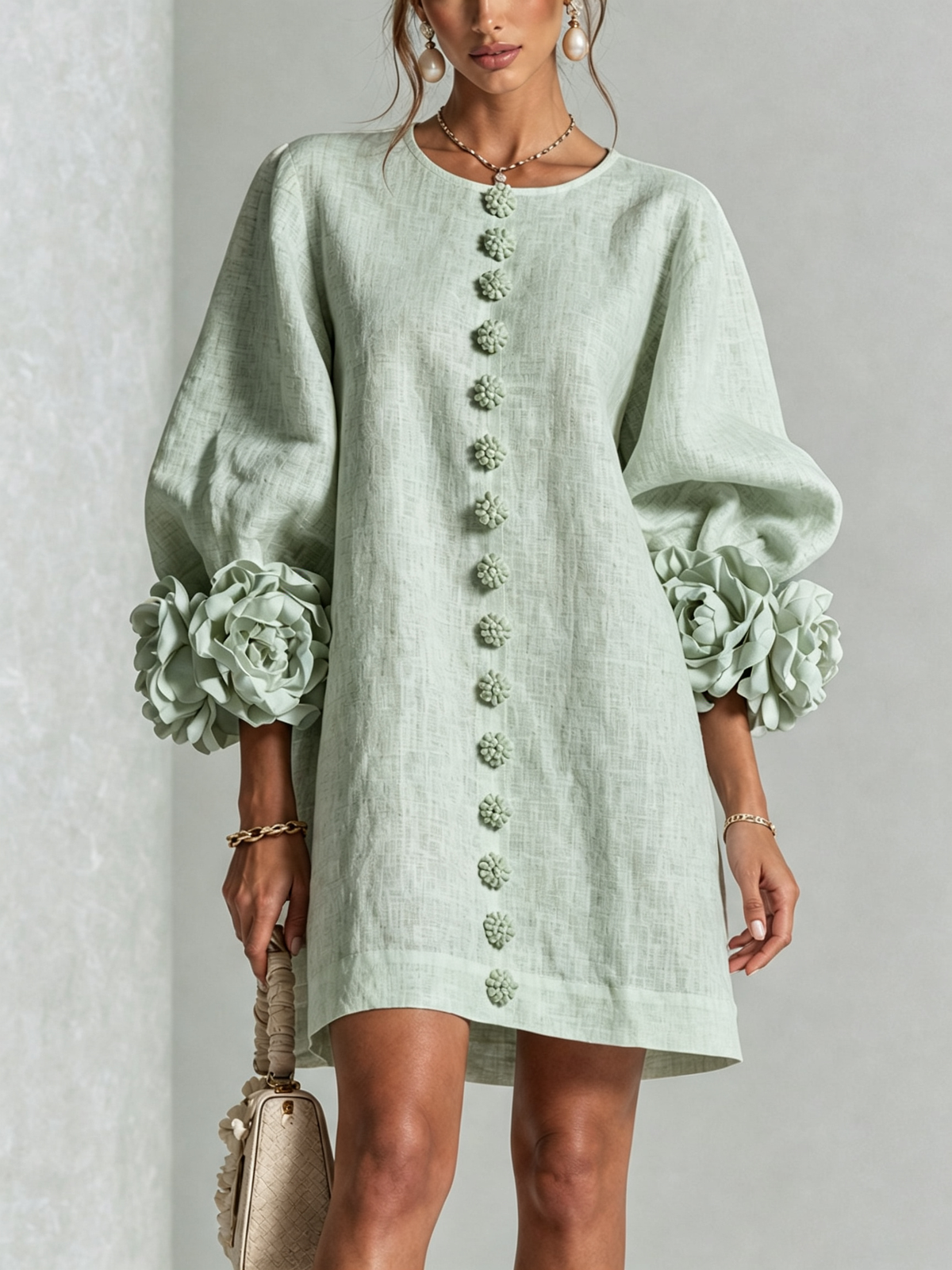 Rosalie | Relaxed Button-Down Mini Dress – Rose-Knot Cuffs, 10 Colours