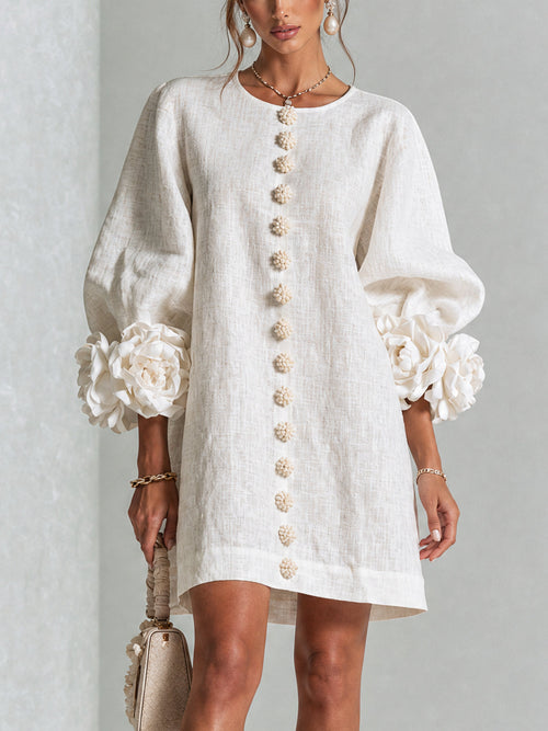 Aurora | Easy-Fit Button-Front Mini Dress – Floral Cuff Sleeves, 11 Colours