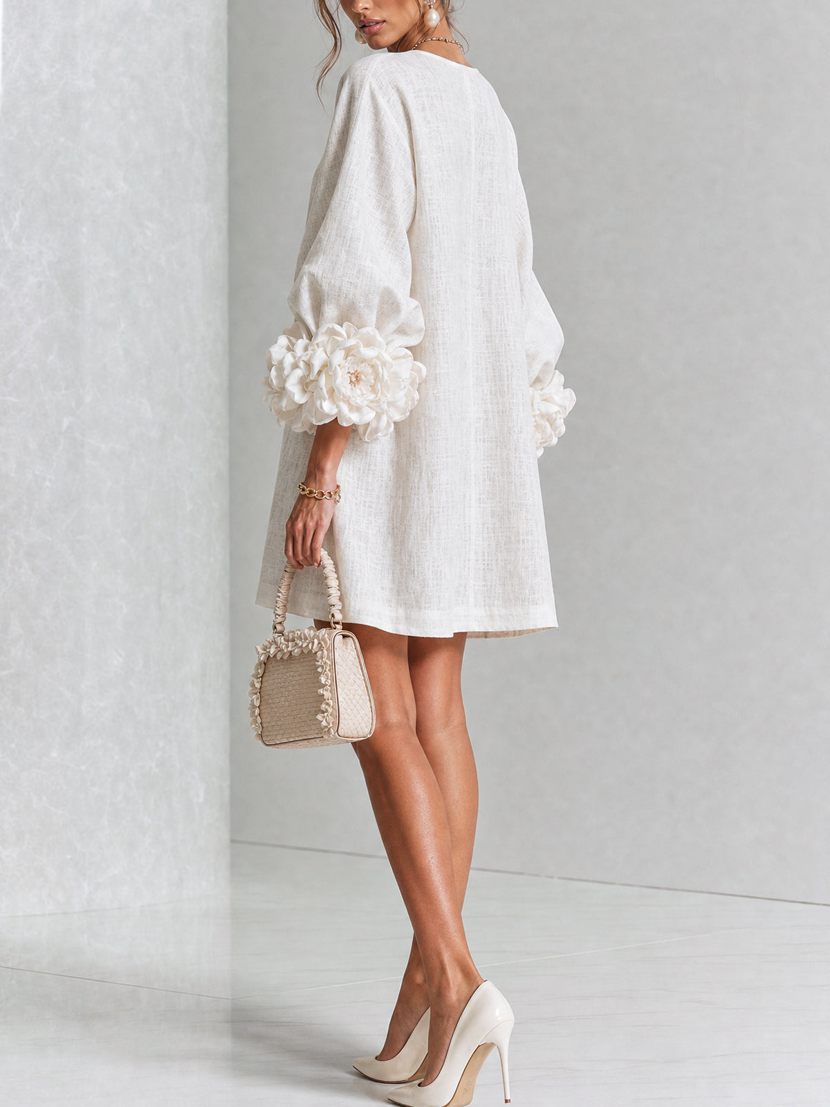 Rosalie | Relaxed Button-Down Mini Dress – Rose-Knot Cuffs, 10 Colours