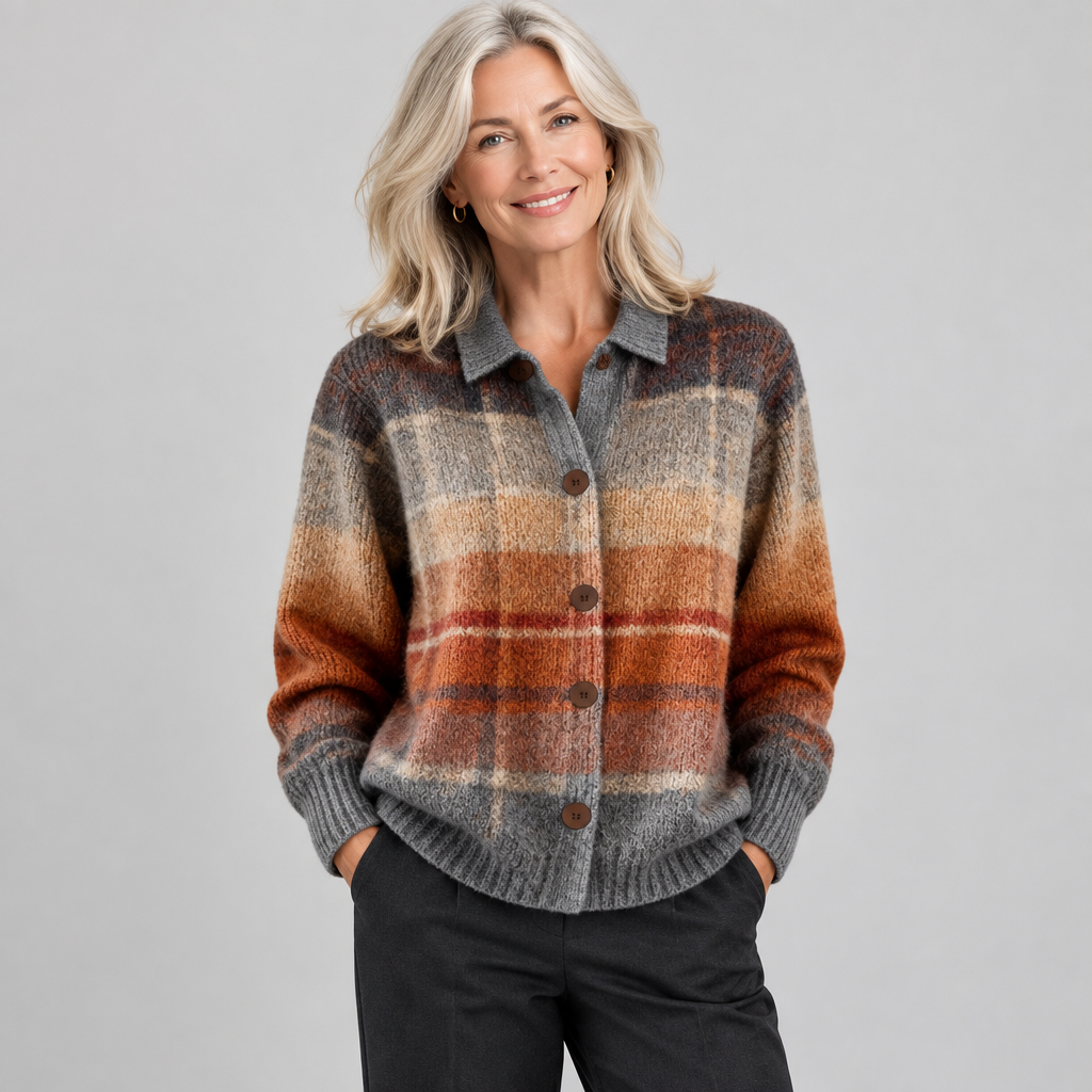 Woman wearing the Edith cosy ombre plaid button cardigan