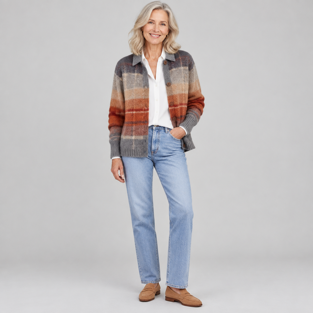 Edith ombre plaid cardigan worn open over a white blouse with jeans