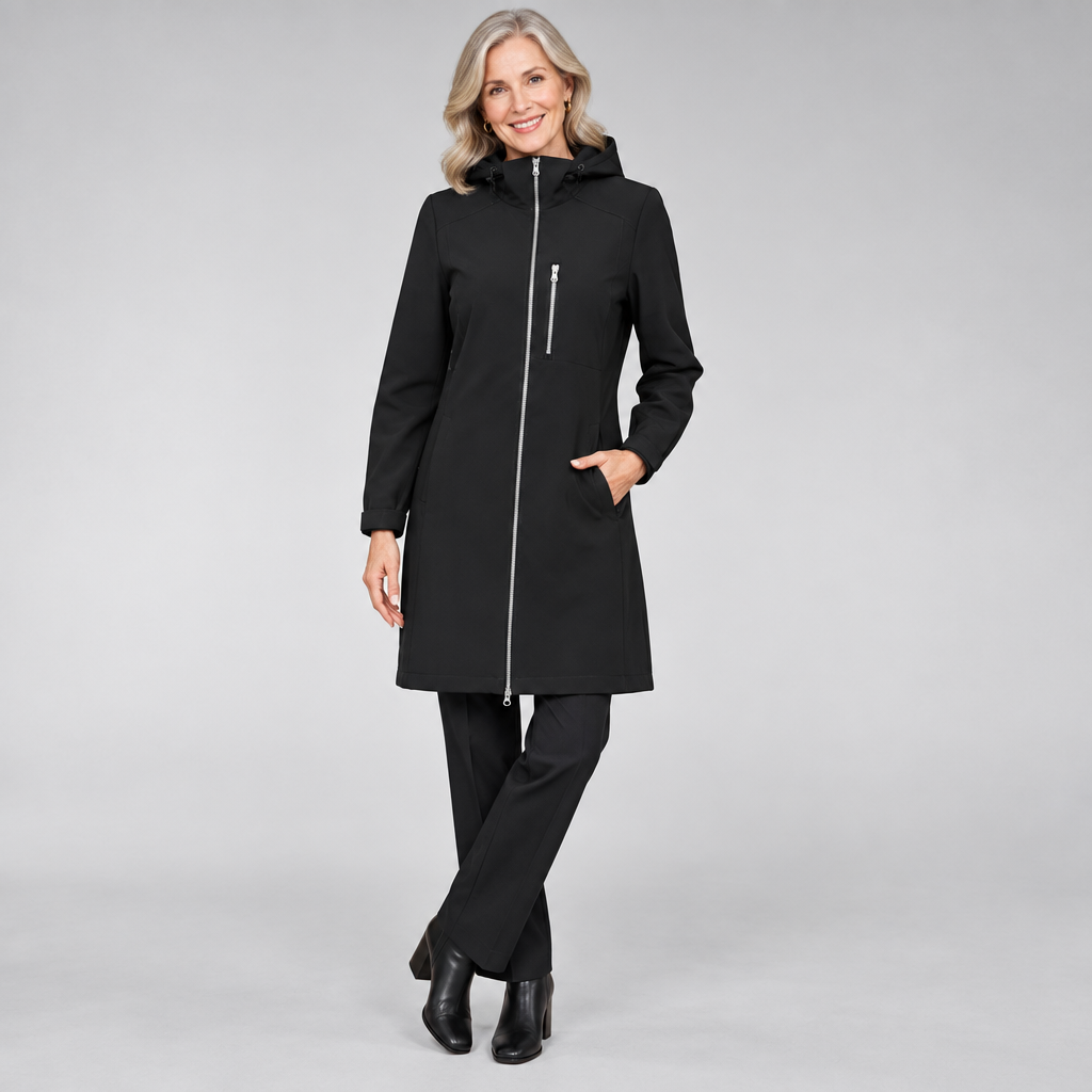 Woman wearing the Helen elegant long rain jacket, water-resistant and lightweight