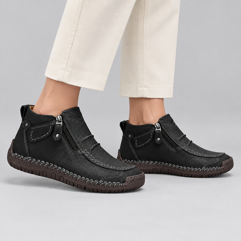 Woman wearing the Thomas supportive comfort shoes with side zip in black