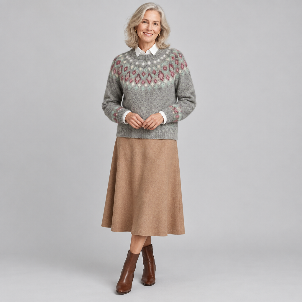 Rebecca Nordic jumper styled over a white shirt with a camel skirt