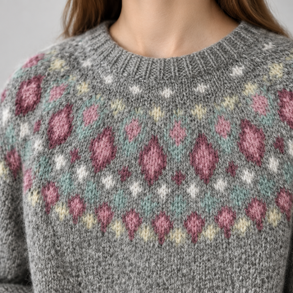 Close-up of the Rebecca jumper vintage yoke pattern and knit texture