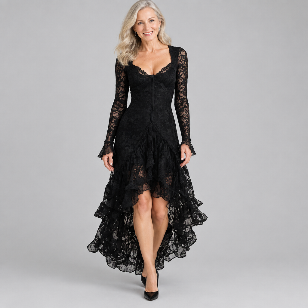 Woman wearing the Savannah elegant black lace high-low midi dress