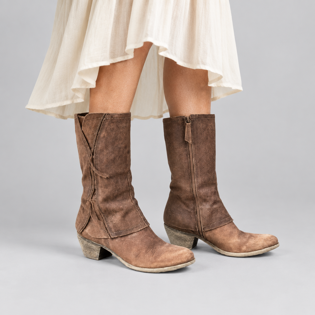 Woman wearing the Giana warm western cowgirl boots in brown with a cream skirt
