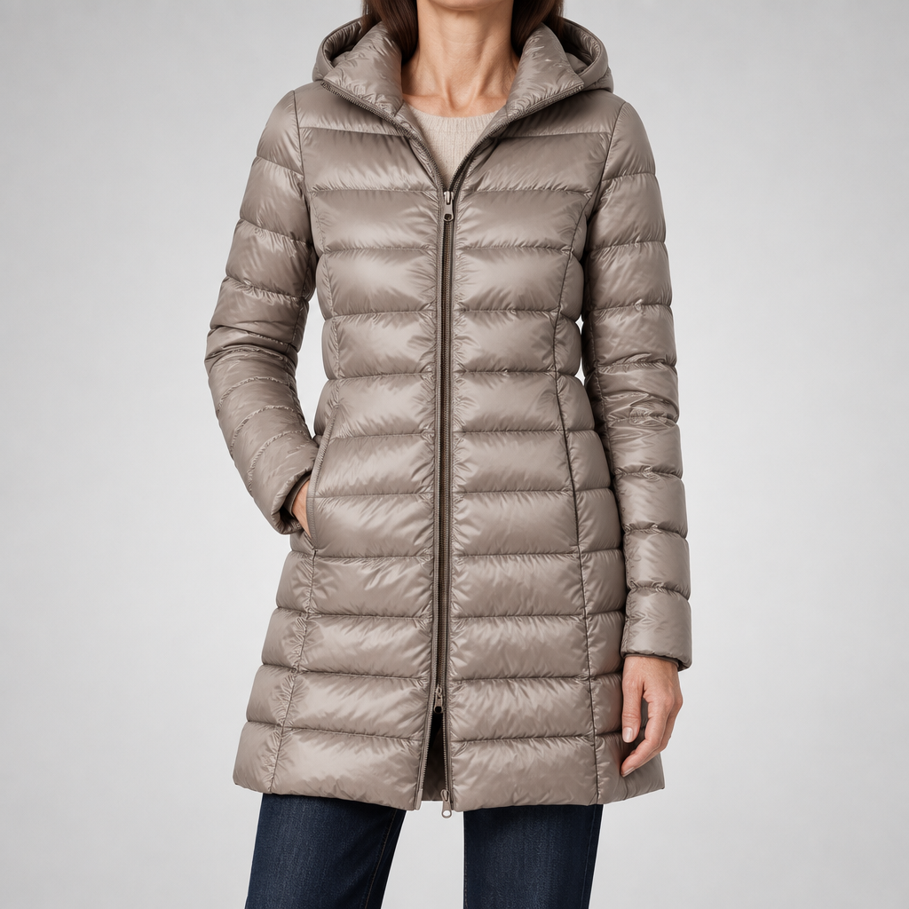 Woman wearing the Feathra ultralight down jacket in khaki