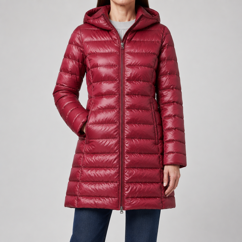 Woman wearing the Feathra ultralight down jacket in red