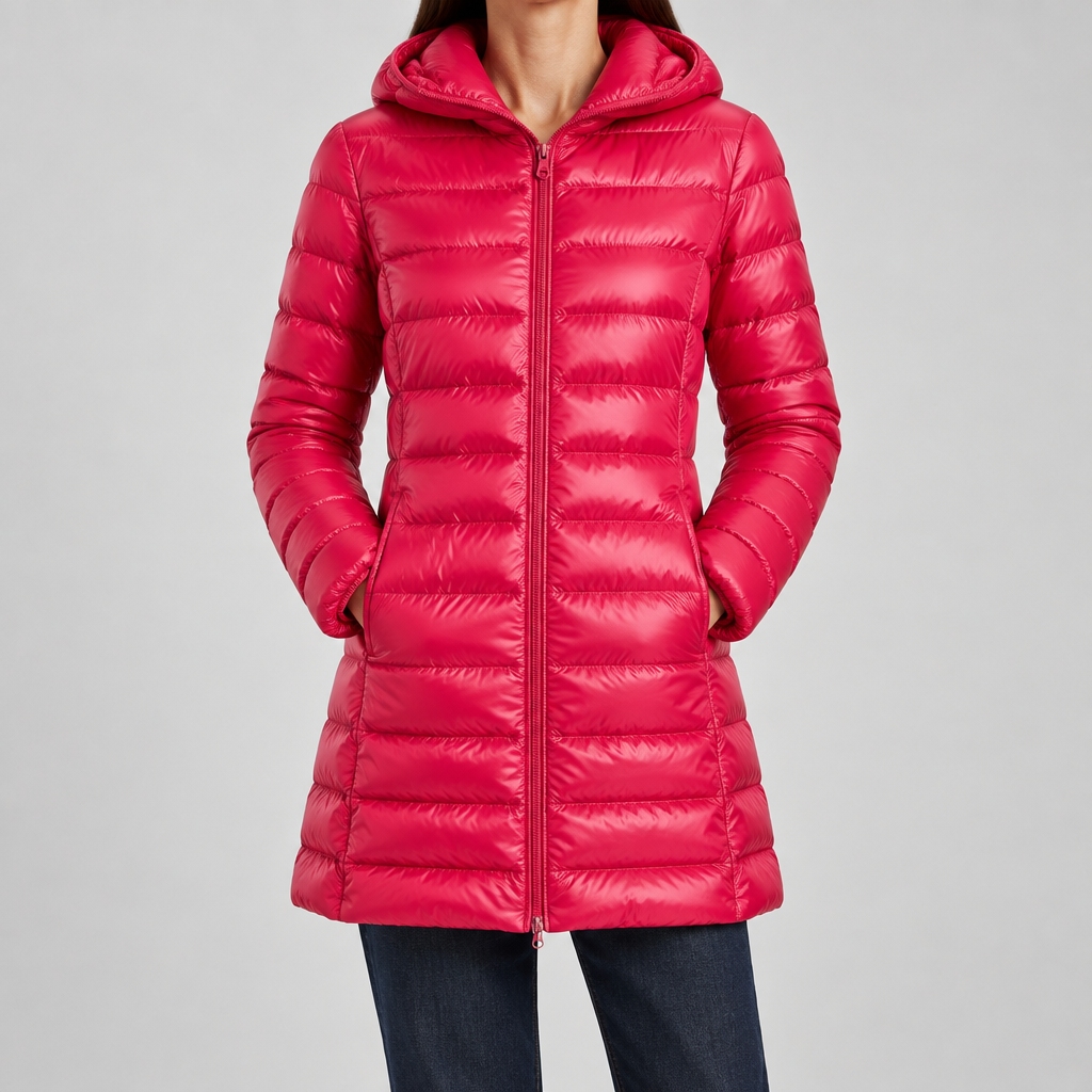 Woman wearing the Feathra ultralight down jacket in fuchsia