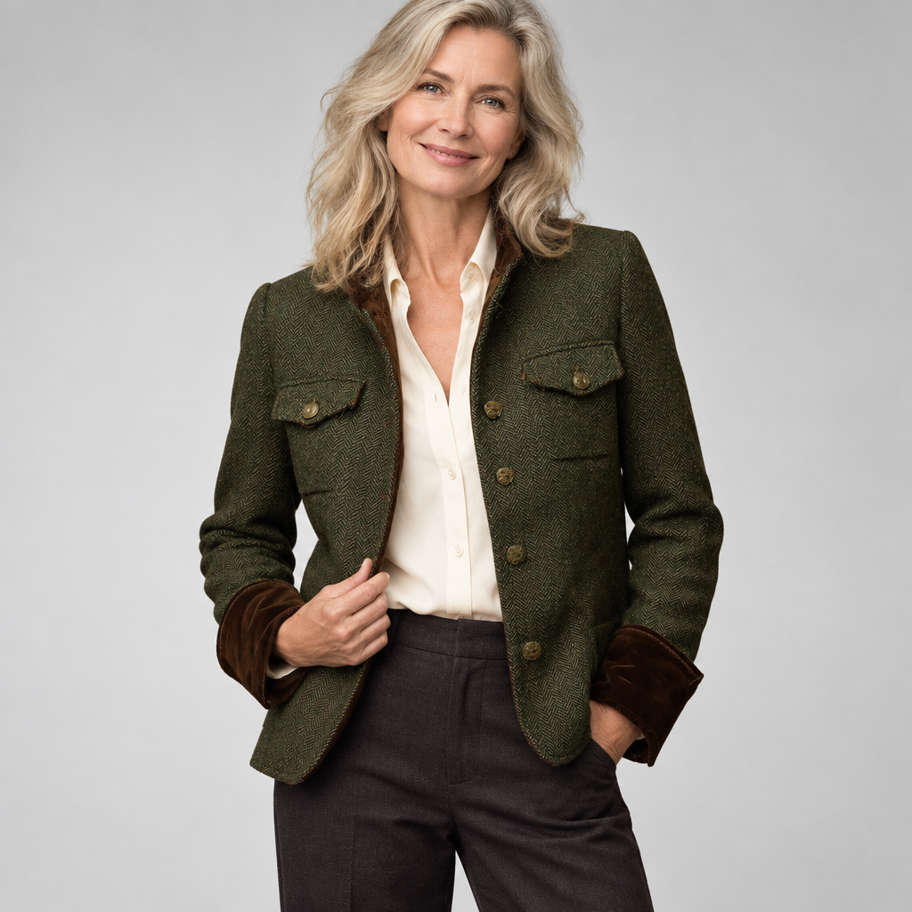Woman wearing the Olivia elegant everyday jacket over a cream blouse