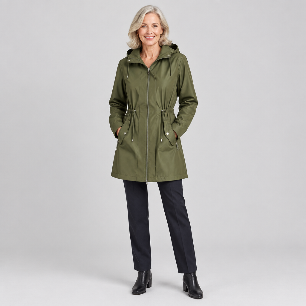 Woman wearing the Imogen lightweight rain jacket with cinched waist, front view