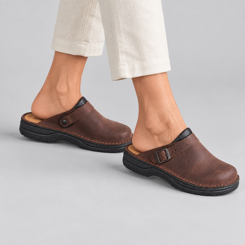 Woman wearing the Annelies comfortable slip-on sandals