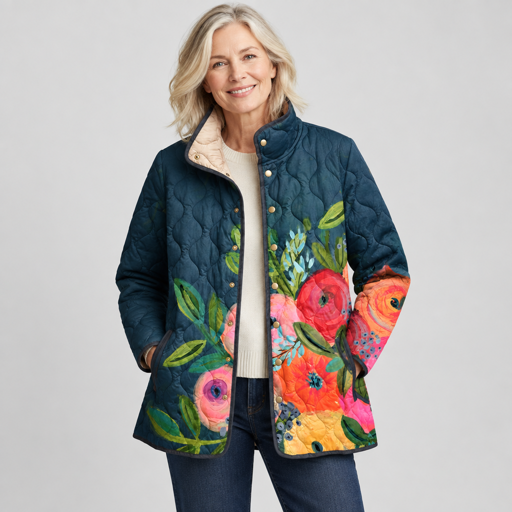 Woman wearing the Amaya vintage floral quilted jacket over a cream jumper