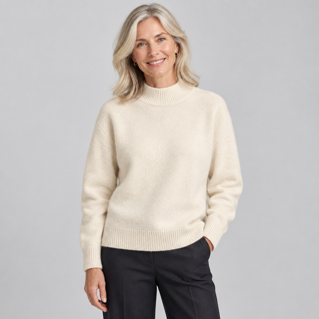 Woman wearing the Arlington soft mock neck jumper in cream