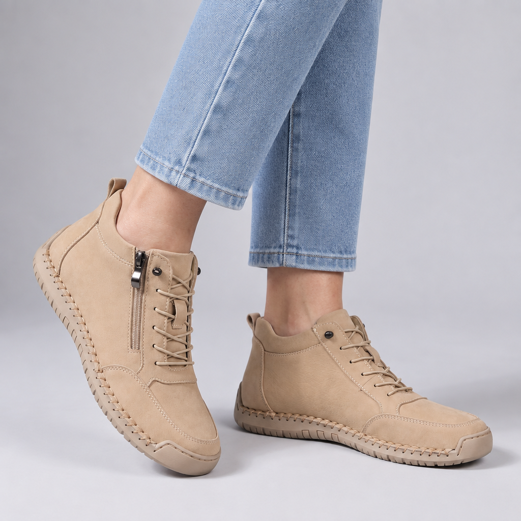 Woman wearing the EasyFit comfortable walking trainers in khaki