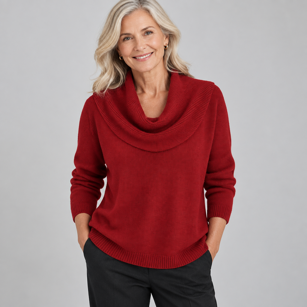 Woman wearing the Aveline soft collared cotton jumper