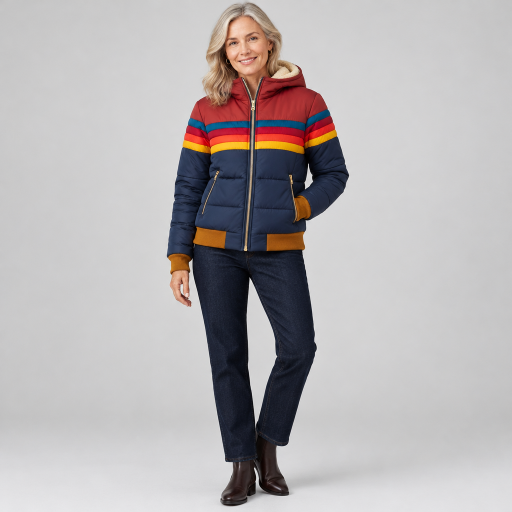 Woman wearing the Maisie warm longline puffer coat with retro stripe