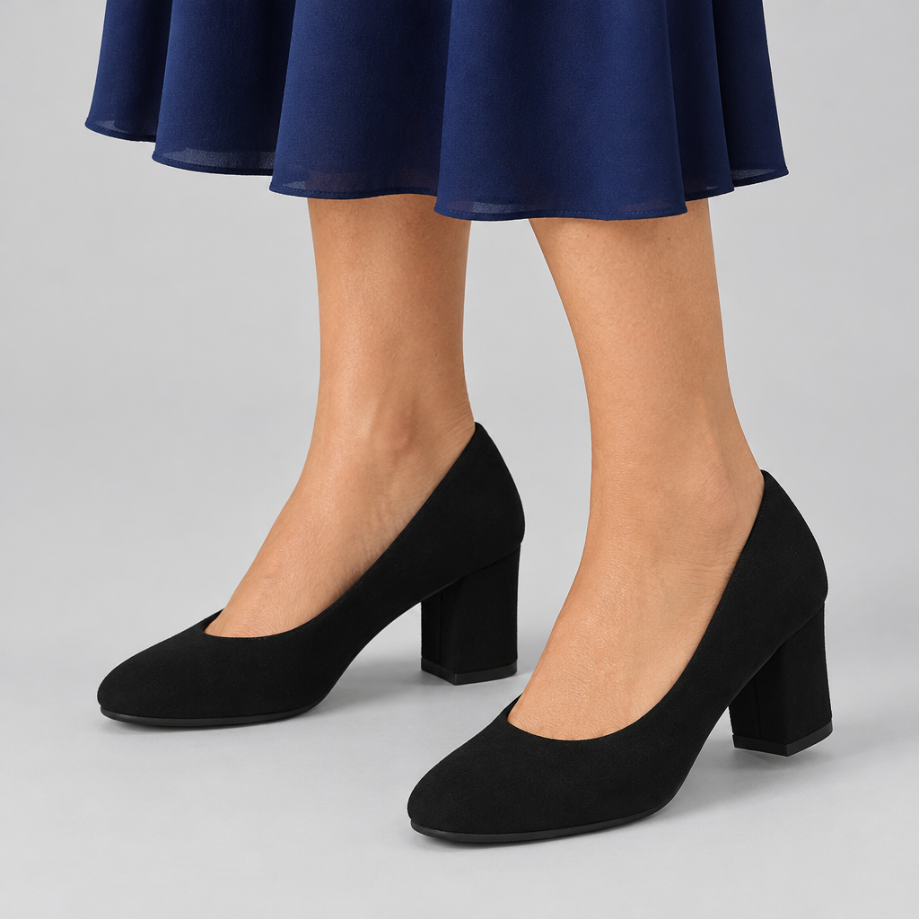 Woman wearing the Beatrice wide-fit block heel court shoes