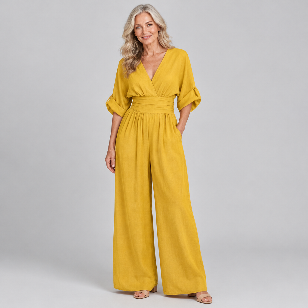 Woman wearing the Ella flattering wide-leg wrap jumpsuit