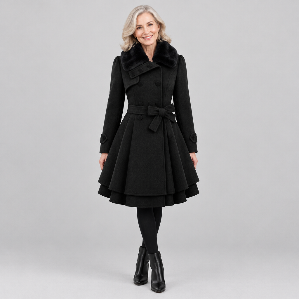 Woman wearing the Clara elegant belted overcoat with faux fur collar