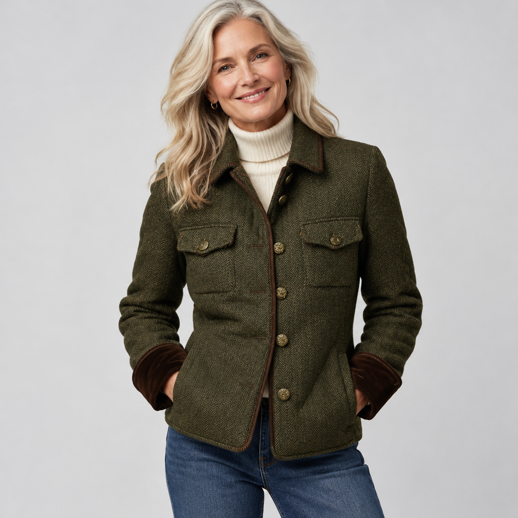 Woman wearing the Harriet smart herringbone quilted jacket