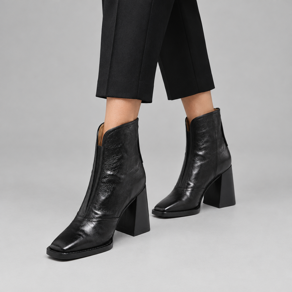 Woman wearing the Hattie smart block heel ankle boots with tailored trousers